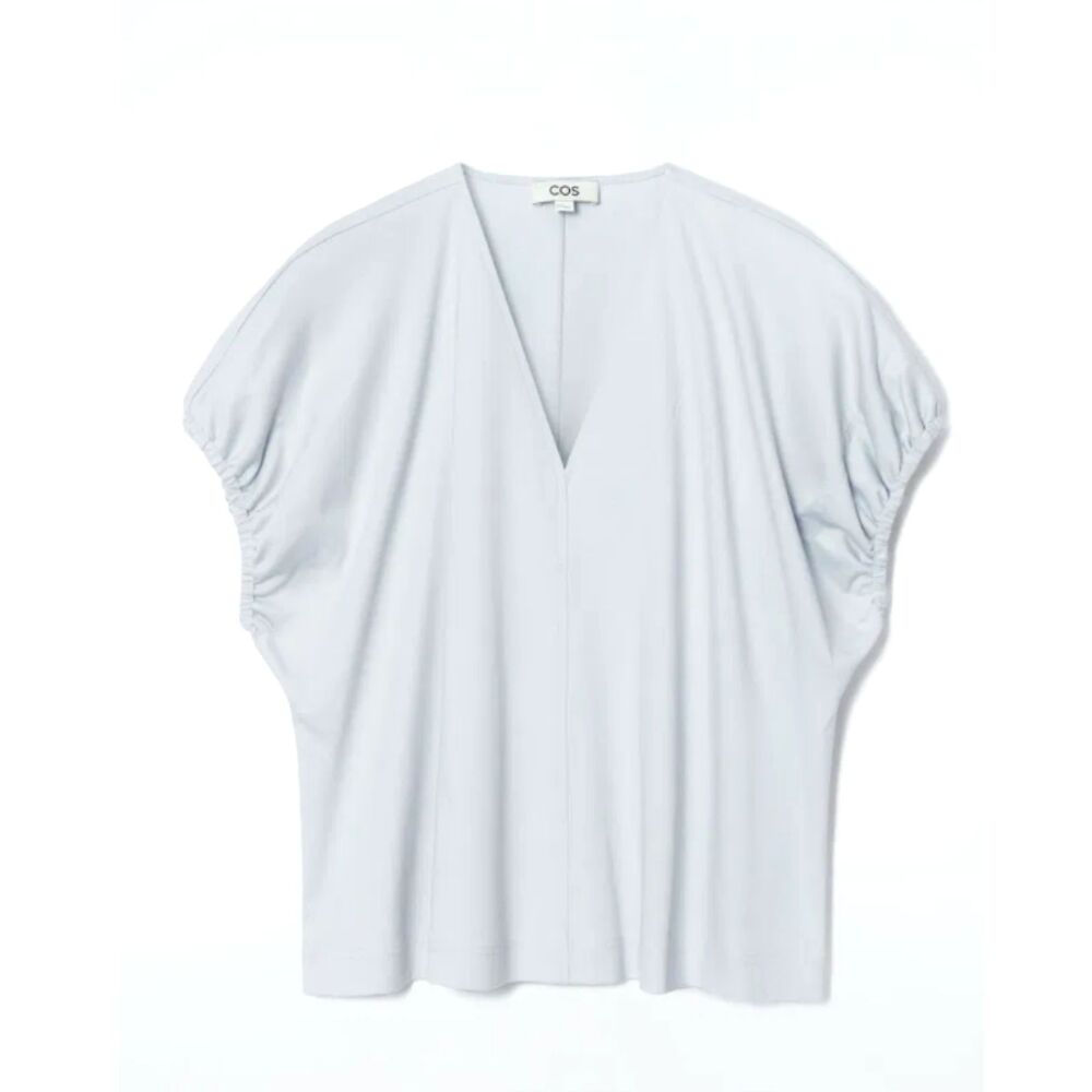 COS Gathered Cotton Blouse White V-Neck Puff Sleeve